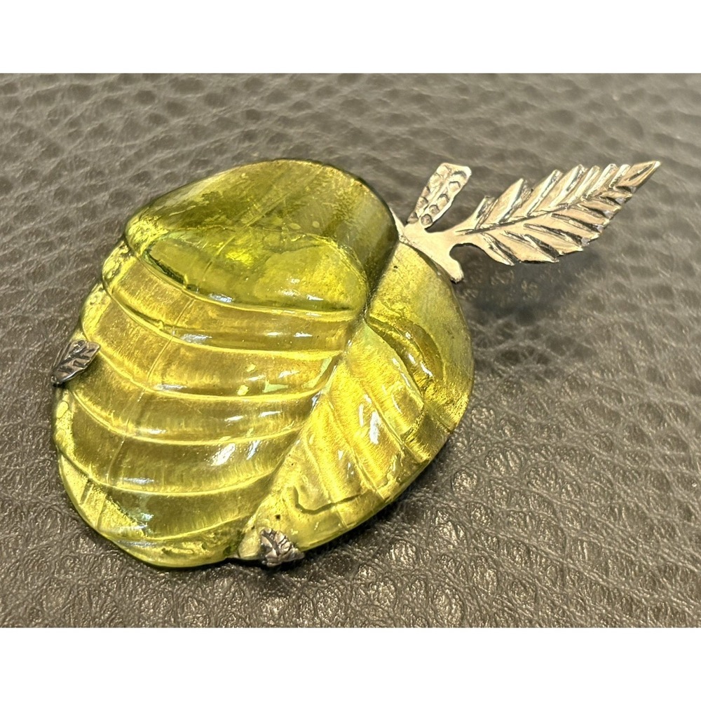 RARE Vintage Molded Glass Green Apple Fruit Silver Tone Heavy Brooch Pin